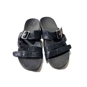 Vionic Ric Womens Tripple Straps Slide Sandals Embossed Black Sz 11
